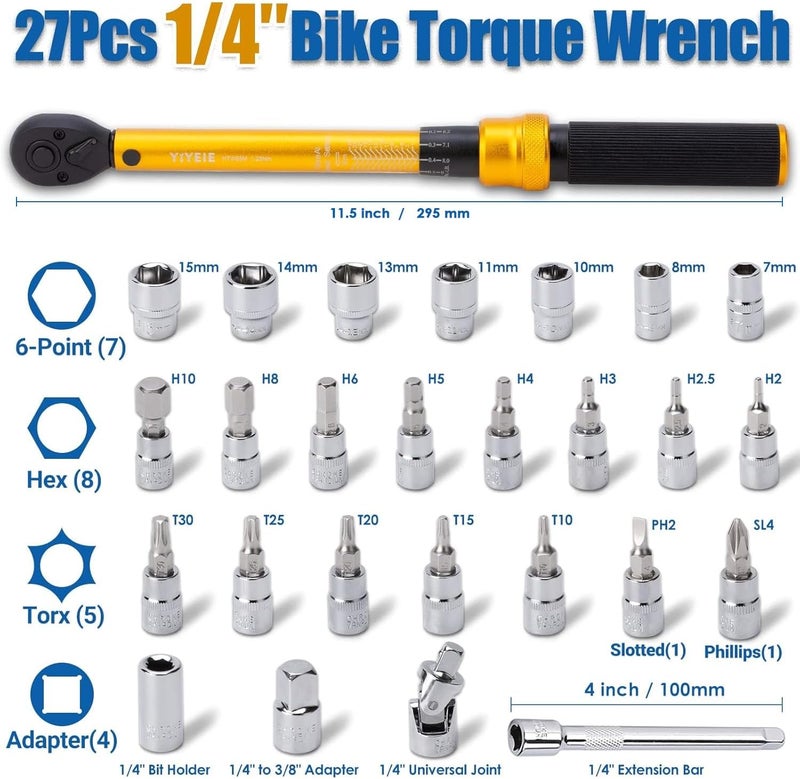 YIYEIE 1/4 Inch Drive Bike Torque Wrench, 1-25 Nm (10-222.5 in.lb), 27 PCS Click Bicycle Torque Wrench with Bit Sockets, 0.1 Nm Micro, 72-Tooth Ratchet, 3/8 Adapter, for MTB, E-Bike, Motorcycle - Image 3